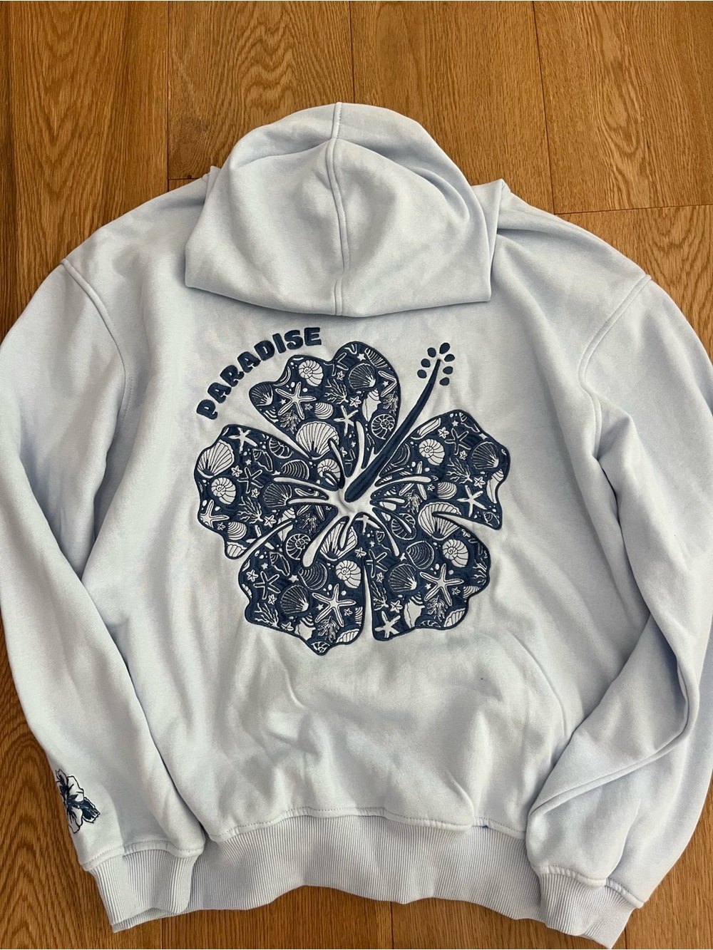 Pink palm puff inspired Light Blue Hoodie with Navy Floral Hibiscus embroidery